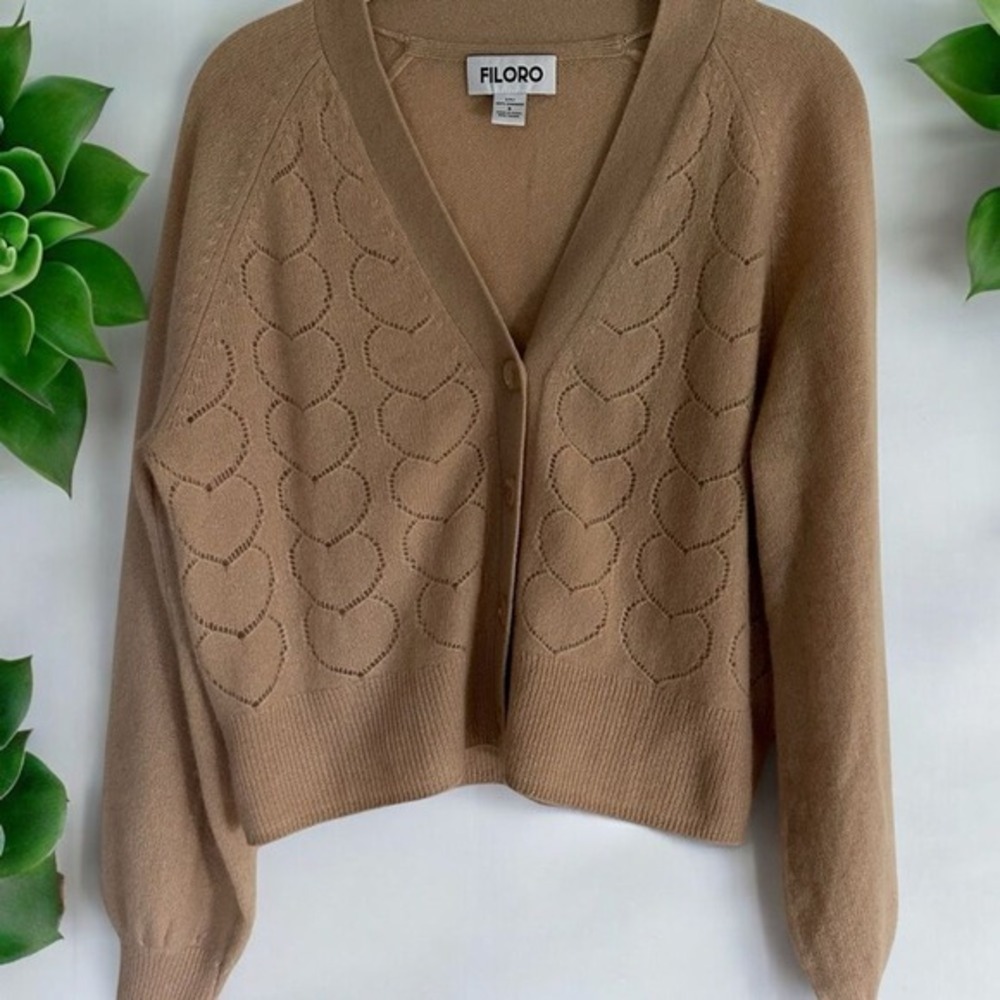 FILORO Heart‎ Pointelle Cardigan Womens S Tan Cashmere V-Neck Button Front Soft